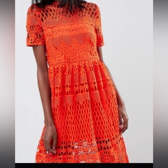 Boo Hoo orange corded lace panel crochet skater dress. Size 6. - Picture 2 of 10